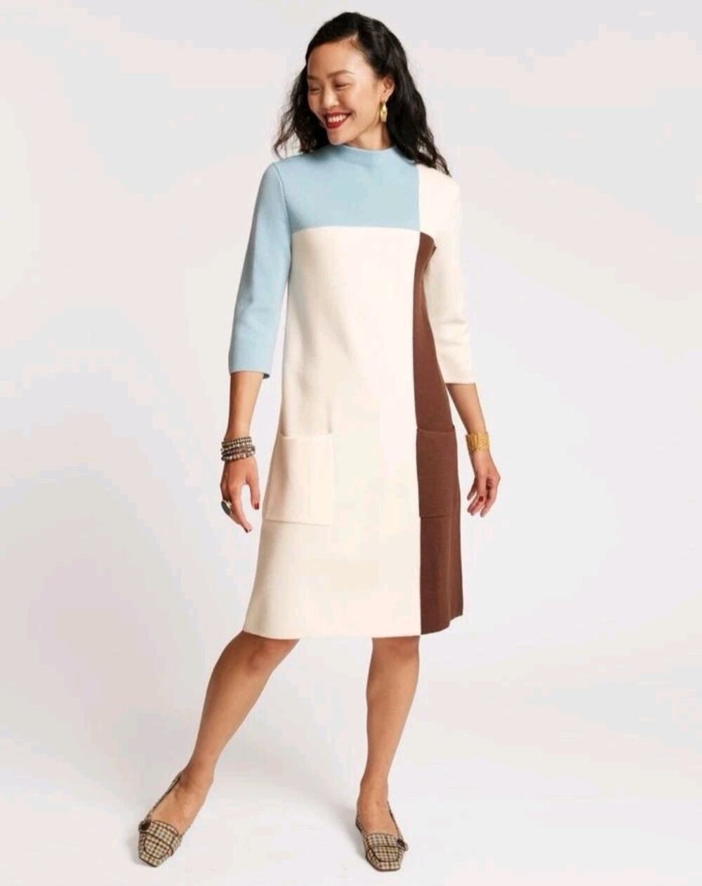 FRANCES VALENTINE Annie Colorblock Mock-Neck Midi Sweater Dress Size LARGE
